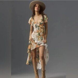 ANTHROPOLOGIE V-Neck Ruffle Lace Floral Hi Low Tiered Slip Dress Size 6 NEW